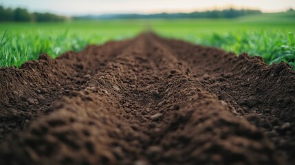 Furrowed Brown Earth in a Lush Green Field Under a Soft Sky with Gentle Light