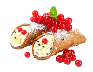 Cannoli Italian dessert with red currant berries isolated on transparent png