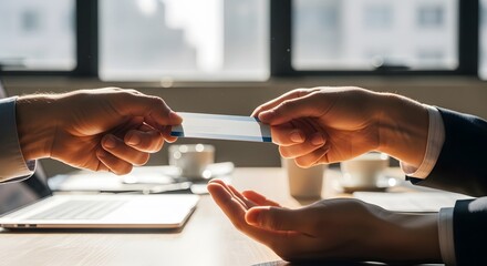 Close-up of business card exchange between professionals in corporate office with daylight and networking gesture focus
