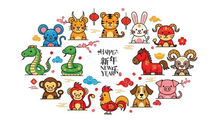 Chinese new year zodiac animals illustrations with happy new year text in center
