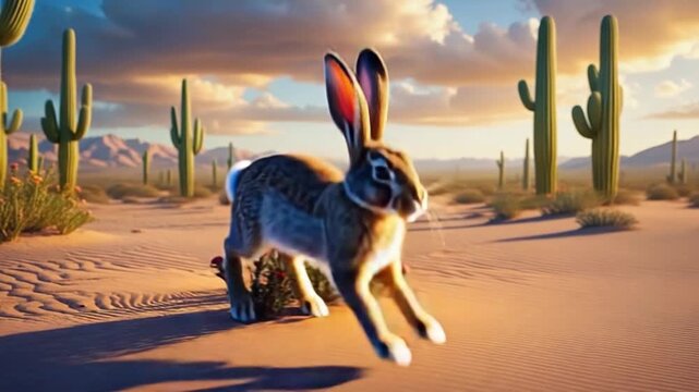 A desert cottontail rabbit sits on sandy ground near cacti in a warm sunset landscape
