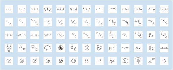 シンプルなアイコンのベクターイラストセット。飾り、あしらい、くるくる、集中線	