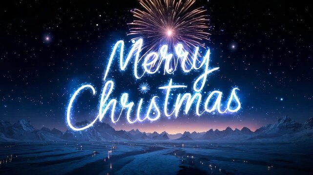 Glowing Merry Christmas neon script illuminates a magical winter night landscape with sparkling fireworks perfect for holiday greetings and seasonal designs