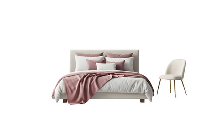 Bed with pink throw and white chair isolated on transparent background