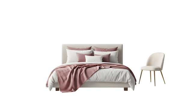 Bed with pink throw and white chair isolated on transparent background