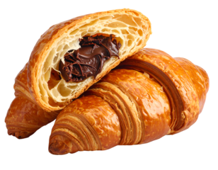 Delicious fresh croissants and half with chocolate inside isolated on transparent png