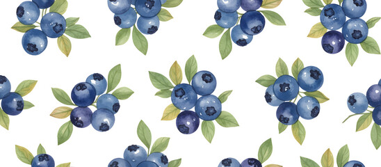 Blueberries and green leaves create a fresh and vibrant pattern on a white background in this decorative design