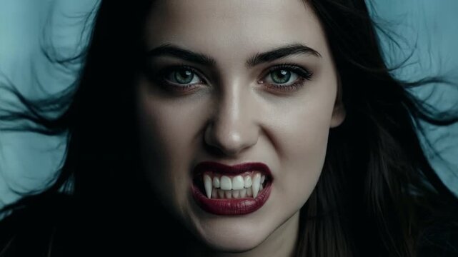 Ultra Close-Up Portrait of Vampire Woman with Green Eyes and Dark Red Lips, Black Hair Blowing in Wind Gently Revealing Fangs against Light Blue Studio Background