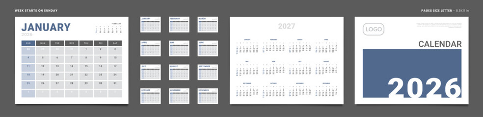 2026 Calendar Planner Set of Template Monthly Page, Cover with Place for Photo, Company Logo, Annual 2027. Vector layout of wall or desk calendar with week start Sunday in print. Page Letter 8.5x11in