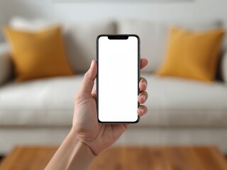 Hand holding smartphone with blank white screen in cozy living room, app mockup and copy space. 