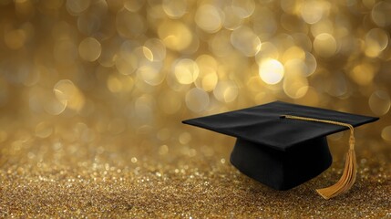 Black graduation cap with a gold tassel rests on a glittering gold surface, with soft, blurred gold bokeh in the background