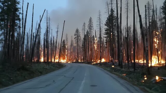 Desolate Forest Road Surrounded by Encroaching Wildfire and Flickering Flames