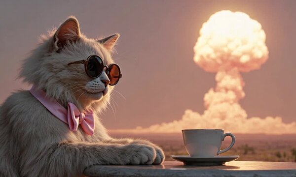 Cool Cat Sips Tea Unbothered by Distant Mushroom Cloud Explosion