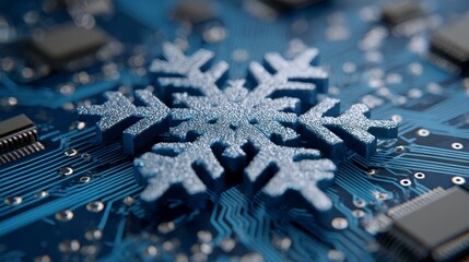 Close-up of a blue snowflake superimposed on a computer circuit board, hinting at digital winter or cold computing