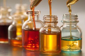 Liquid Medicine Syrups Being Poured into Glass Bottles