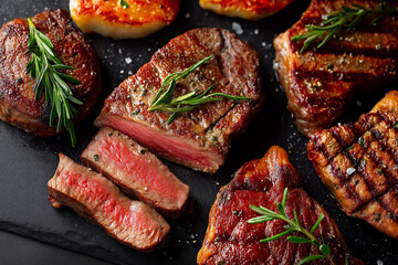 Delicious restaurant-style steak dinner with pink medium-rare center