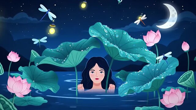 Dreamlike Moonlit Scene of a Calm Girl Floating in a Lotus Pond Beneath Glowing Lanterns and a Starry Sky