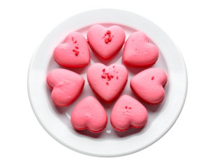 heart shaped pink Macarons on plate isolated on transparent png