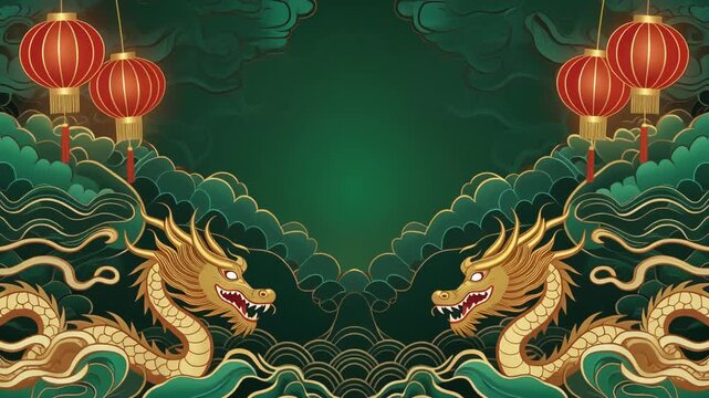 Two Golden Dragons Facing Each Other Amidst Green Clouds and Red Lanterns.