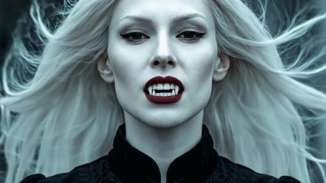 Ultra Close-Up of Vampire Woman with Long White Hair and Dark Red Lips Revealing Fangs in Wind Outdoors
