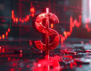 Large red dollar sign against a dark background, stock graph