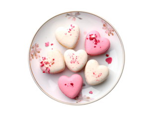 heart shaped pink Macarons on plate isolated on transparent png