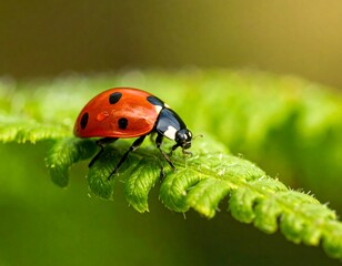 Obraz premium Macro shot of a ladybug with spots on a fern leaf