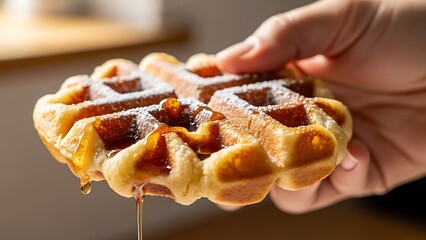 Golden waffle with syrup and powder sugar for a delightful breakfast