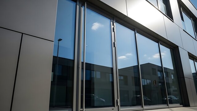 Reflections of the sky and buildings in the glass facade of a modern office