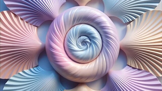 Mesmerizing pastel spiral video showcasing a vibrant iridescent conch shell, surrounded by delicate textured fan patterns.