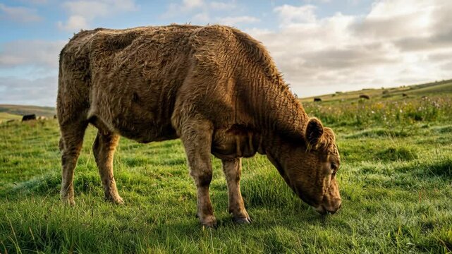 A lone brown cow with shaggy fur grazes in a lush green field under a blue sky with scattered clouds. Peaceful rural landscape