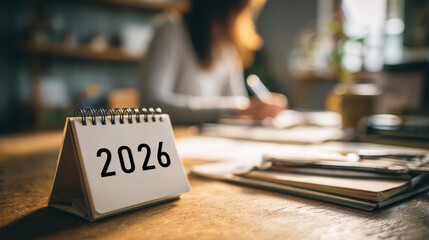 2026 calendar on wooden table with blurred person writing in background, cozy workspace with natural light