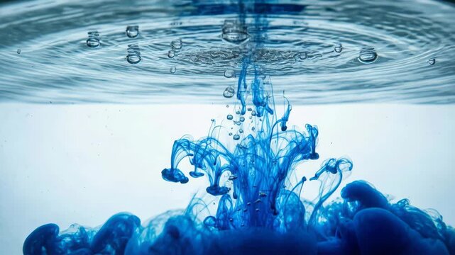 Abstract Blue Ink Cloud Underwater Diffusion With Bubbles And Ripples On White Background And Soft Lighting
