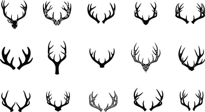 Set of diverse deer antler silhouettes arranged in rows for wildlife, hunting, and rustic graphic design