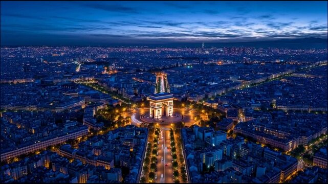 A breathtaking 5 second aerial drone sweep over the Arc de Triomphe at dusk