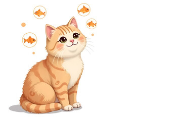Cute orange cat dreaming of goldfish in playful thought bubbles in a bright, cheerful setting