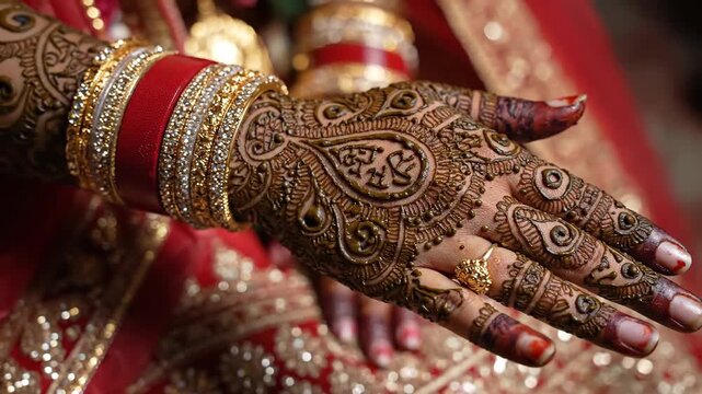 Intricate Paisley Henna Design Adorns a Bride's Hand Featuring Gold Bangles and Red Bangles During a Traditional Wedding Ceremony with Soft Lighting