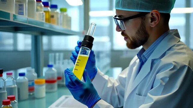 Male scientist in a laboratory, wearing glasses and gloves, carefully analyzing a yellow liquid in a test tube, surrounded by various chemical containers and equipment, showcasing scientific research