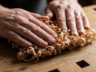 Woodworker's Hands and Shavings, Fine Craftsmanship in Detail Displayed