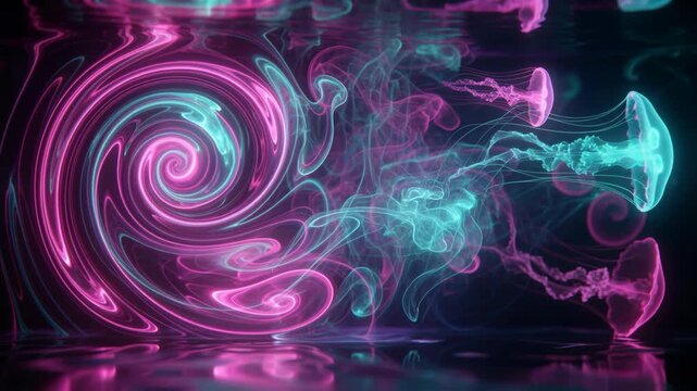 Mesmerizing abstract scene featuring swirling pink and turquoise neon smoke patterns intertwined with glowing jellyfish, set against a dark