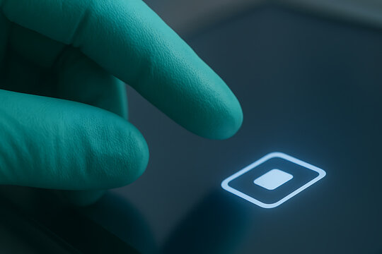 Medical professional hand in green glove touching a digital tablet screen for healthcare data management - Powered by Adobe