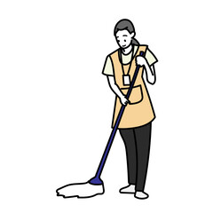 モップで床を掃除する清掃スタッフを描いた親しみやすいキャラクターイラスト｜サービス業や日常清掃の現場を想起させる仕事イメージの人物表現