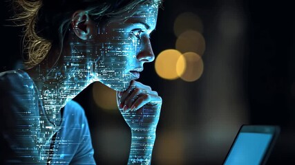 Female figure with digital overlay, focused on laptop screen, surrounded by blurred lights, illustrating technology, innovation, and the intersection of human and digital worlds - Powered by Adobe