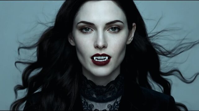 Close-Up Portrait of Beautiful Pale Vampire Woman with Green Eyes and Dark Red Lips Revealing Fangs in Wind
