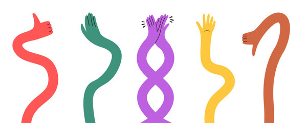 Colorful Hand Arm Gesture Flexible Set. Long Hand Hold Abstract Collection
