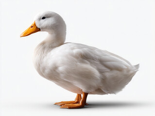 Obraz premium Full body white duck standing, side view, orange beak, orange feet, fluffy feather, isolated on white background, calm expression