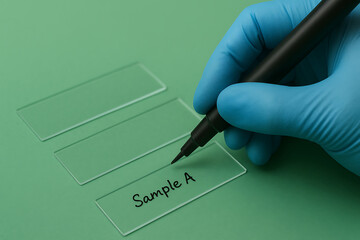 Laboratory technician hand in blue glove writing sample labels on glass microscope slides for data tracking