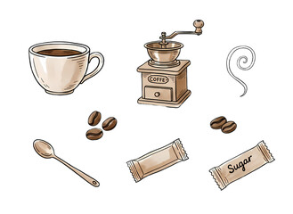 Vintage coffee setup with grinder, cup, and sweet treats