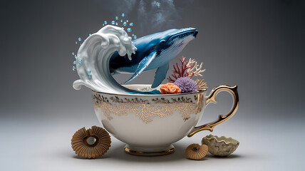 Ornate Fantasy Tea Cup with Ocean Scene, Fish, and Coral