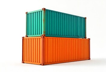 Fototapeta premium Stack of colorful shipping containers isolated on white background, representing global logistics, cargo transport, freight shipping, import export trade, supply chain, industrial distribution.